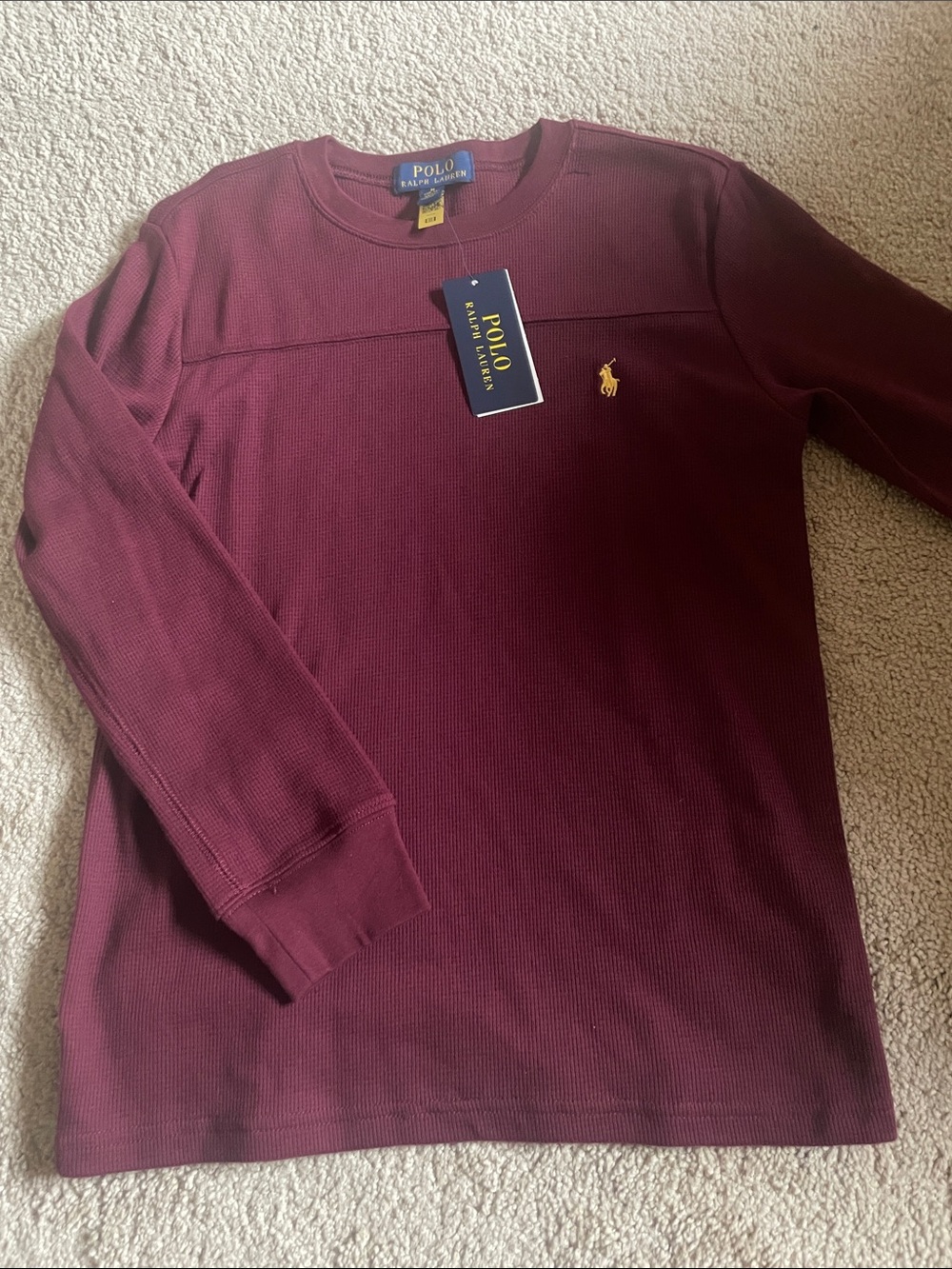 Polo by Ralph Lauren Long-Sleeve Waffle Knit Shirt - Burgundy with Gold Pony